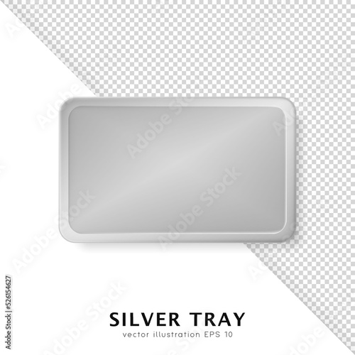 Realistic silver food tray for tableware and cutlery isolated on white and transparent background. Top view of 3d platter for utensil, crookery. Lunch salver for meal serving. Food storage template photo