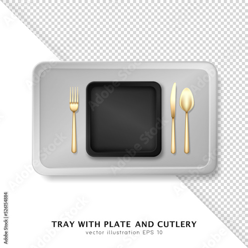 3d silver tray with black rectangle plate and golden cutlery. Realistic template of serving platter with dish, crockery, utensil and fork, spoon, knife. Top view of lunch salver for tableware 