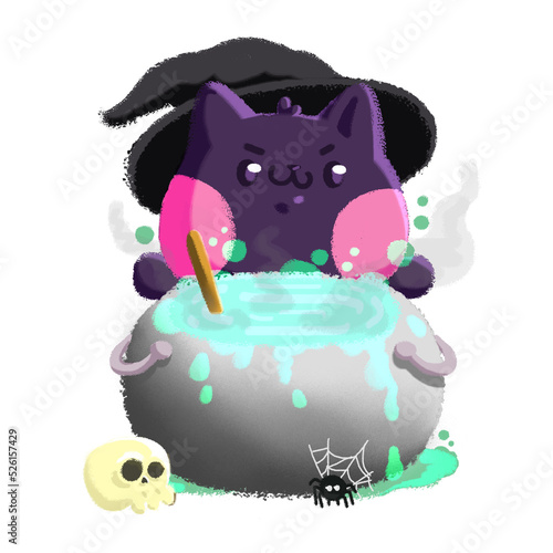  Icono ilustrado de Gato brujo con caldero en fondo blanco