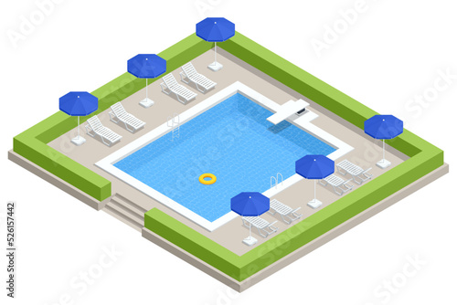 Isometric Swimming pool with stair and sun loungers. home swimming pool in garden and terrace. Summer Vacation Concept.