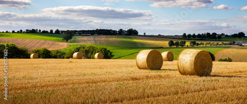 Meule de foin ou de paille dans les champs de blé après la moisson en France.