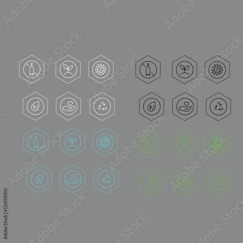 Organic icon, naturally purifies icon, essential oils icon, safe icon, 100% recyclable icon, template