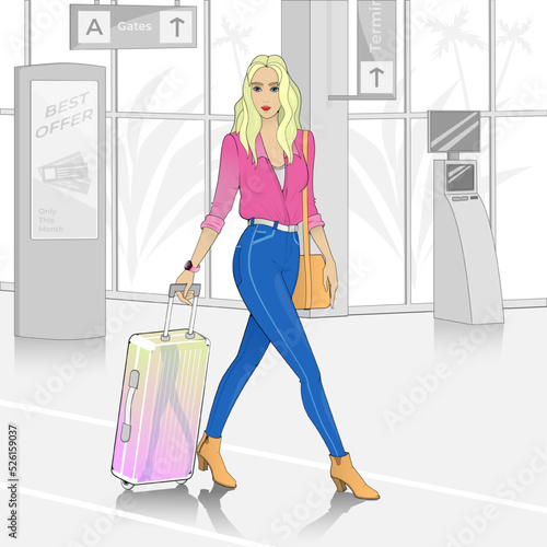 A young woman arrived at the airport building. A blonde girl with a trandy suitcase on wheels, which reflects her gait. There is an information stand and an ATM in the airport building. Tropical veget