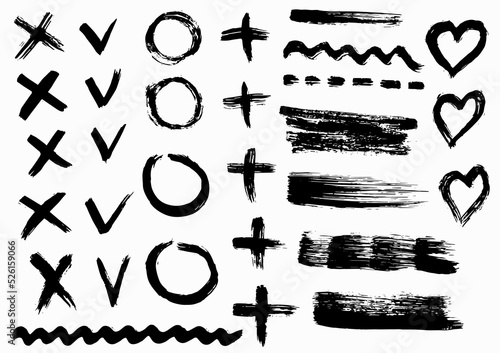 Free hand brush check mark, cross sign, plus, zero sign, love sign, brush strokes lines. Isolated, vector.
