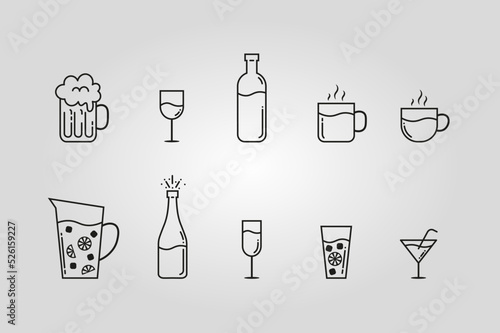 Drink icons illustration. Drawings of glasses, jugs, bottles and cups.