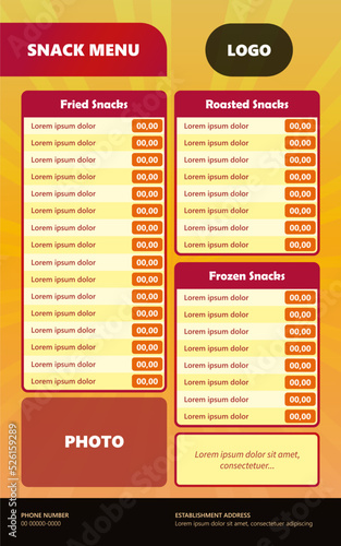 Snack bar menu. Illustration of tables for the arrangement of foods such as snacks, pies, pastries, sandwiches and other products.