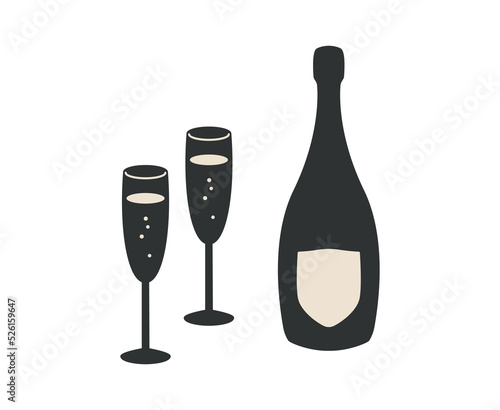 Sparkling wine bottle and glasses. Champagne vector. Party. Flute Champagne