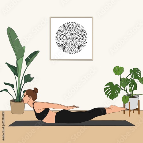 Locust Pose / Salabhasana. Stretching woman portrait practicing yoga asana exercise. The cartoon painting illustration poster of person at home studio interior workout. photo