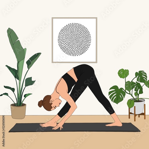Pyramid Pose / Parsvottanasana 1. Beautiful stretching flexible woman practicing doing yoga asana at home studio. Pop art portrait cartoon painting illustration person figure cozy interior.
