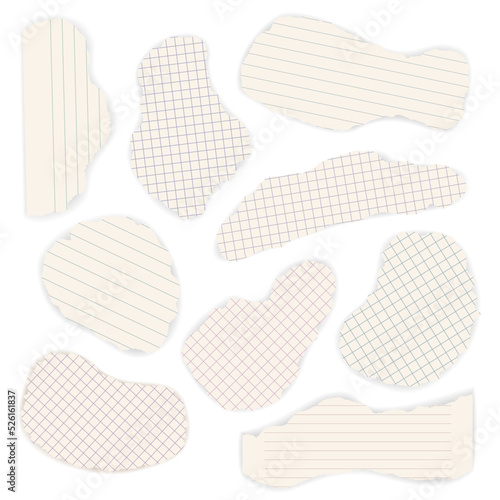 Vector torn pieces of notebook pages. Nine empty elements with tear paper effect. Sizable, editable vector.