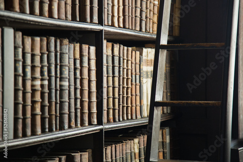 Detail view of old books on wooden shelves with natural light. Concept of history and knowledge