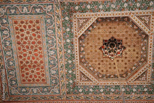 Arabic style wooden coffered ceiling in a palace in Marrakech