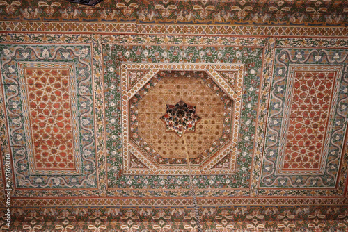 Arabic style wooden coffered ceiling in a palace in Marrakech