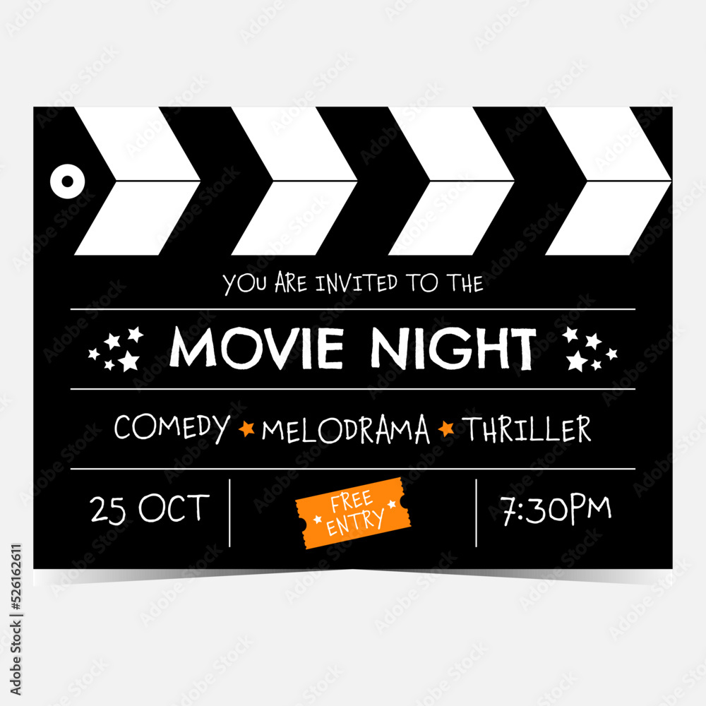 Movie night invitation banner in the form of clapperboard. Vector illustration of poster for movie night party, cinema festival, cinematographic event suitable for promo, advertisement, social posts.