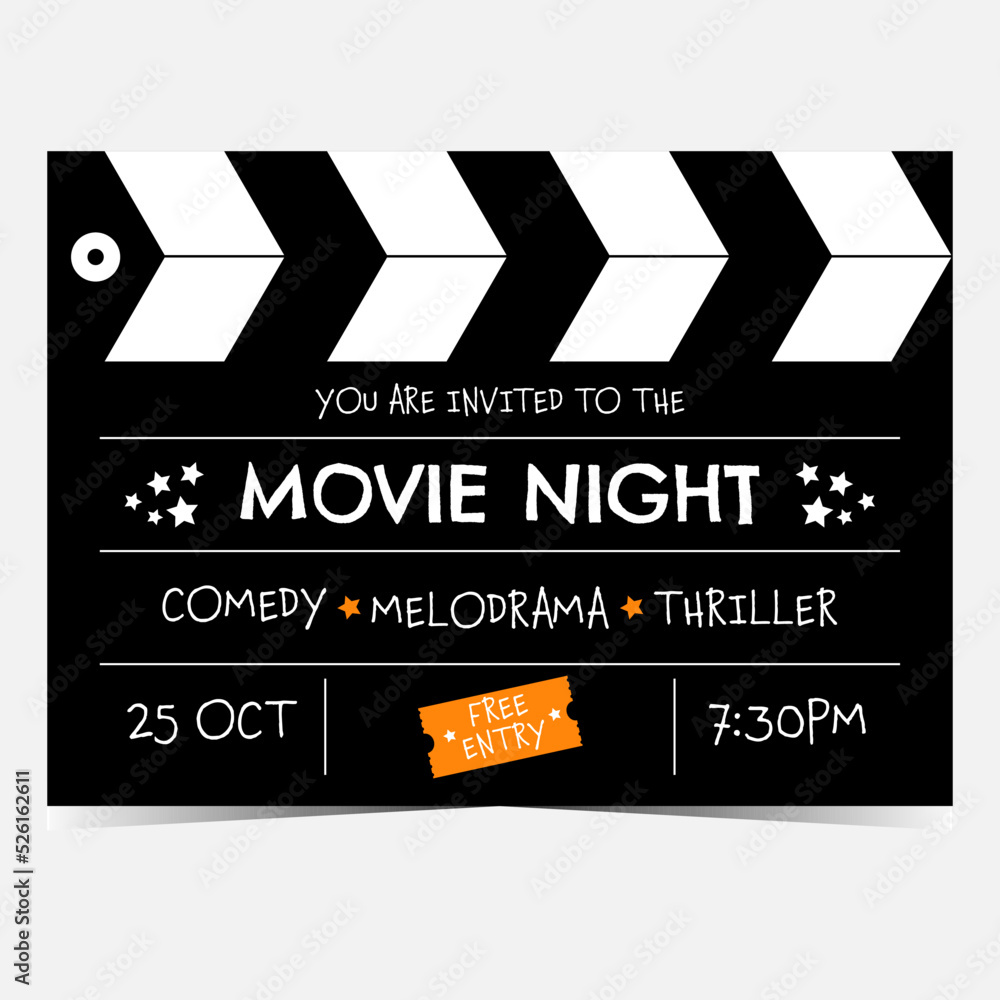 Obraz premium Movie night invitation banner in the form of clapperboard. Vector illustration of poster for movie night party, cinema festival, cinematographic event suitable for promo, advertisement, social posts.