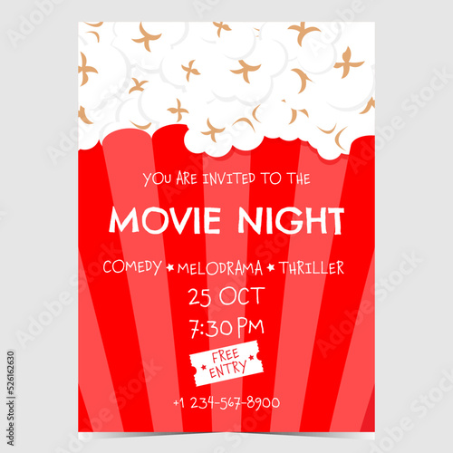 Movie night invitation card or advertisement banner with the red popcorn bucket in the background. Film or cinema festival promotional materials for web and social media posts. Vector illustration.