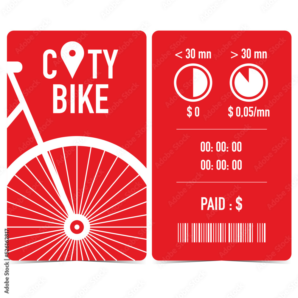 City bike rental receipt, quittance, ticket or talon with white bicycle on red background, bar