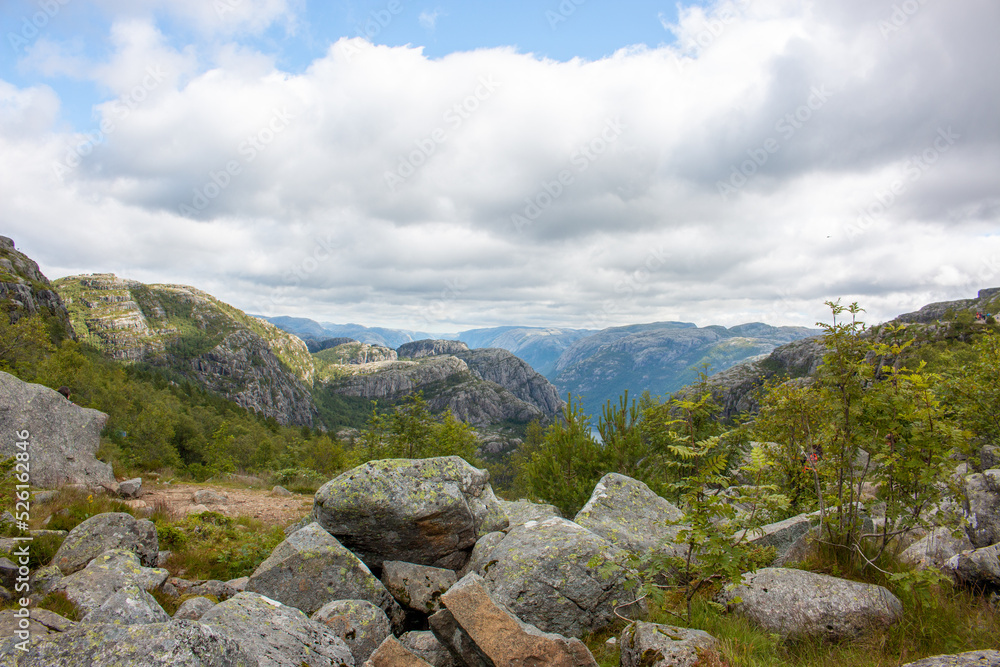 Rock Formations and Lysefjord landscape at Prekestolen (Preikestolen) in Rogaland in Norway (Norwegen, Norge or Noreg) Rock Formations and Lysefjord landscape at Prekestolen (Preikestolen) in Rogaland in Norway (Norwegen, Norge or Noreg)