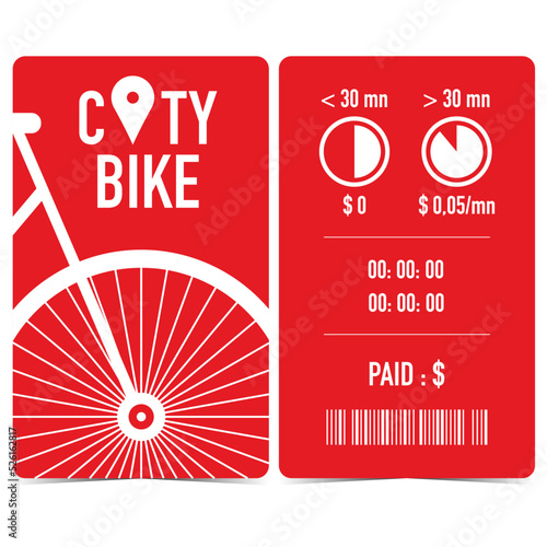 City bike rental receipt, quittance, ticket or talon with white bicycle on red background, bar code, time and amount to pay. Urban cycle hire ticket issued by the docking station terminal after ride.