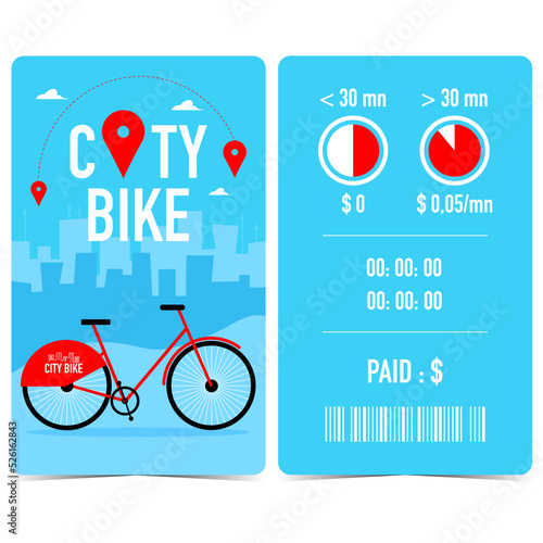 City bike rent or hire quittance, ticket, receipt, claim check or tally with red bicycle on blue city background. City bike docking station terminal ticket with barcode, time and amount to pay.