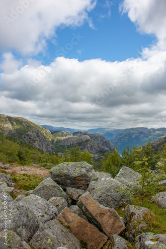 Fototapeta Naklejka Na Ścianę i Meble -  Rock Formations and Lysefjord landscape at Prekestolen (Preikestolen) in Rogaland in Norway (Norwegen, Norge or Noreg)