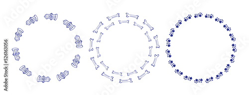 Cute round dog frames. Border with bone, paw, hydrant in doodle style. Design concept for pet poster, t-shirt, banner. Place for your text. Vector illustration for animal design.