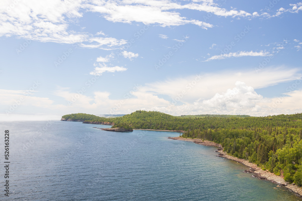 Coastline with tall trees and blue sky with white clouds in Minnesota