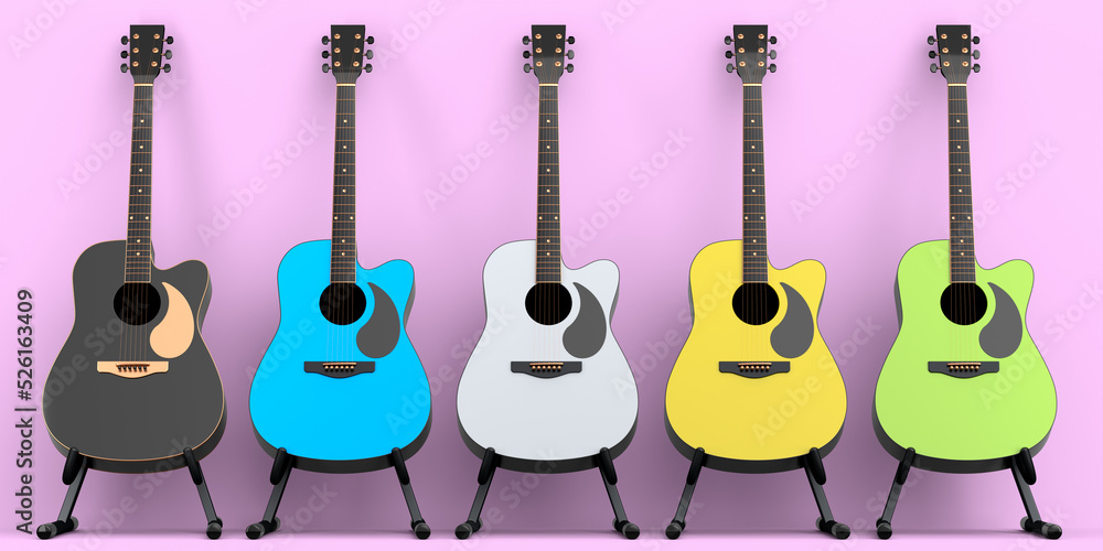 Fototapeta premium Set of acoustic guitar isolated on pink background.