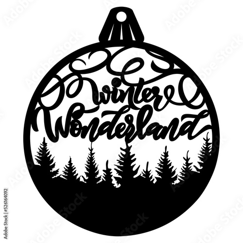 Laser cut Christmas ornament design. Winter wonderland with silhouette of spruce.
