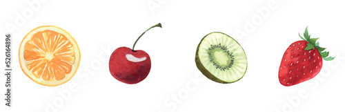  watercolor fruits. bright orange, kiwi cherry and strawberry. vector illustration. vitamins. healthy food