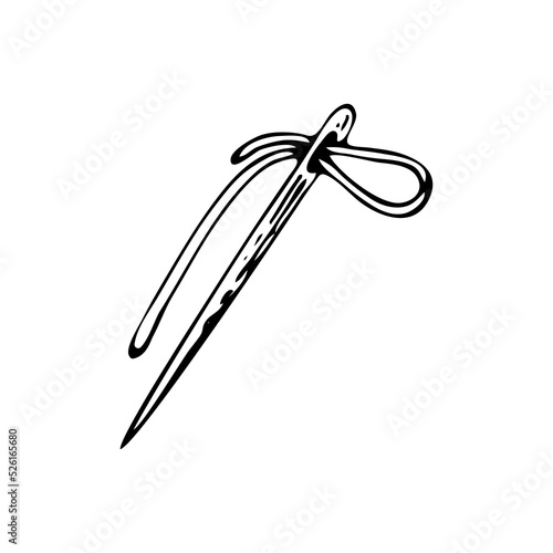Sewing needle thread line art. Tailor tool. Hand embroidery. Hand drawn vector illustration.