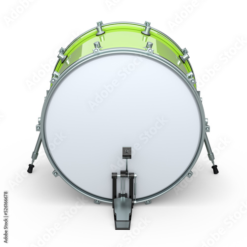 Realistic drum with pedal on white background. 3d render of musical instrument