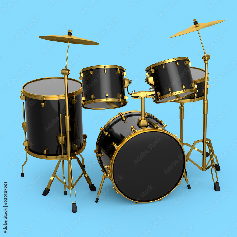 Set of realistic drums with metal cymbals or drumset on blue background Set of realistic drums with metal cymbals or drumset on blue background