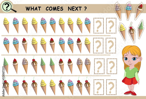 What comes next, continue the row of objects, ice cream cones. Educational logical game for children. Vector illustration.