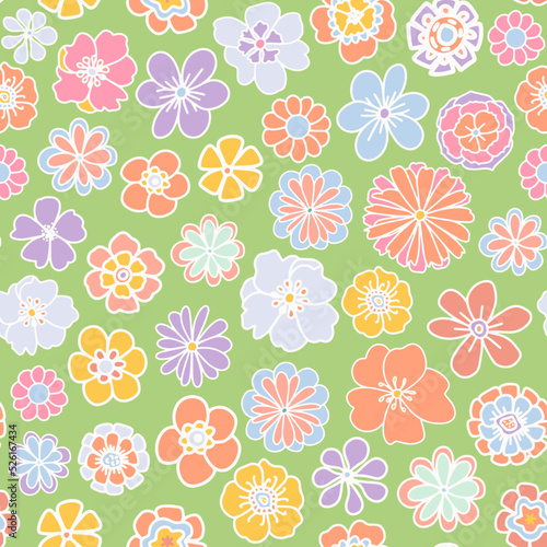 Retro spring floral heads seamless repeat pattern. Random placed, vector hand drawn blooming flowers all over surface print on lime green background.