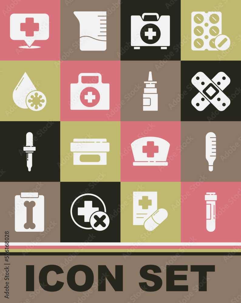 Set Test tube with blood, Medical thermometer, Crossed bandage plaster, First aid kit, Blood test virus, Map pointer cross hospital and Bottle nasal spray icon. Vector Set Test tube with blood, Medical thermometer, Crossed bandage plaster, First aid kit, Blood test virus, Map pointer cross hospital and Bottle nasal spray icon. Vector