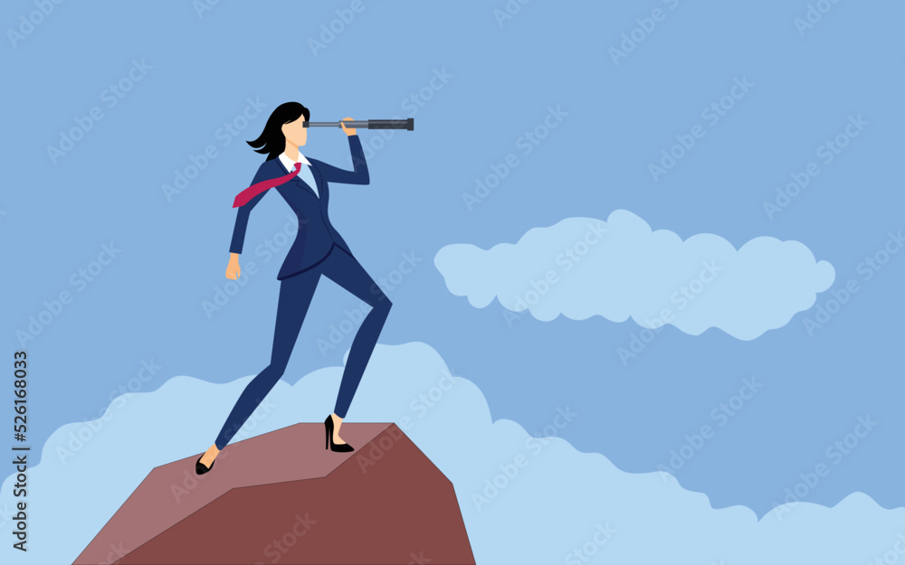Businesswoman holding telescope on top of a mountain Businesswoman holding telescope on top of a mountain