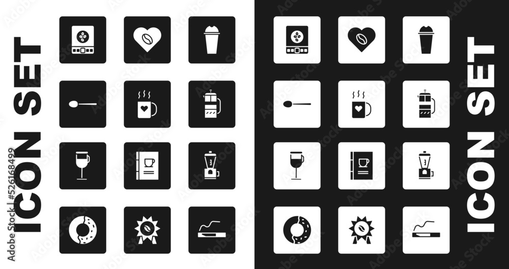 Set Milkshake, Coffee cup and heart, Spoon, Electronic coffee scales, French press, Lovers, Electric grinder and Irish icon. Vector Set Milkshake, Coffee cup and heart, Spoon, Electronic coffee scales, French press, Lovers, Electric grinder and Irish icon. Vector