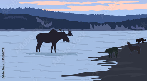 The big moose in the water near lake coast , dogs on the coast, black silhouettes. Vector illustration.