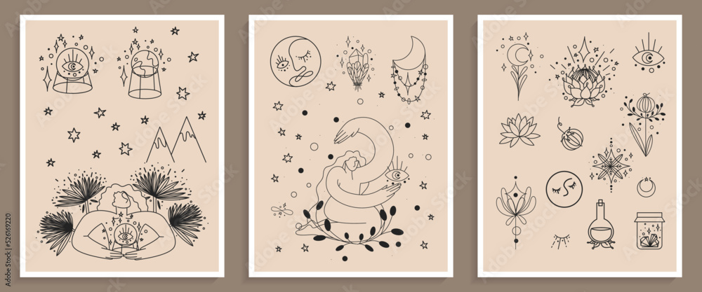 Posters with magic elements, a Woman and crystal ball, floral elements, palm leaf, abstract face, and eyes. Concept illustration for magic lifestyle. Vector illustration in line style Posters with magic elements, a Woman and crystal ball, floral elements, palm leaf, abstract face, and eyes. Concept illustration for magic lifestyle. Vector illustration in line style