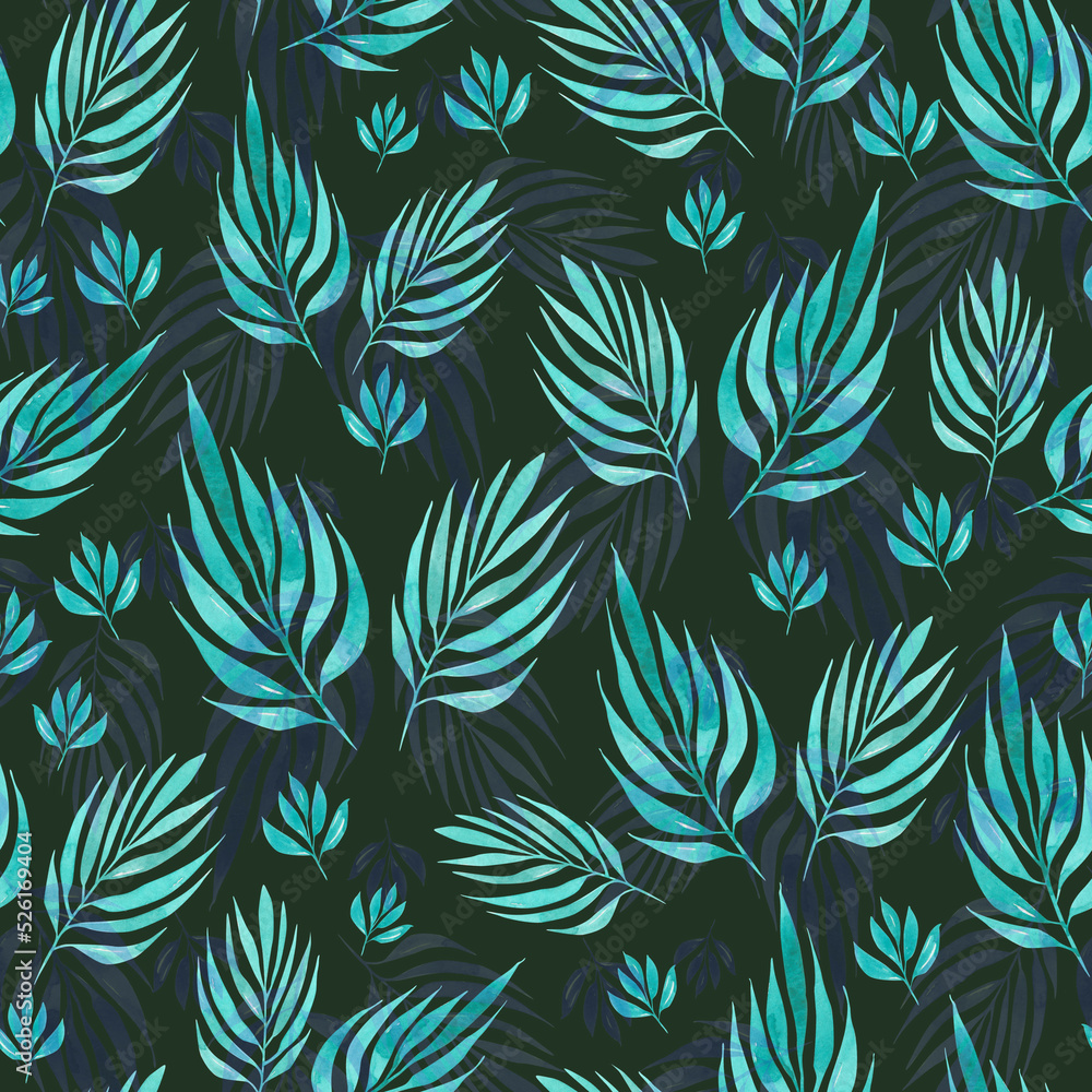 Seamless pattern with mint palm leaf and branch. Watercolor ornament with plants isolated on dark background