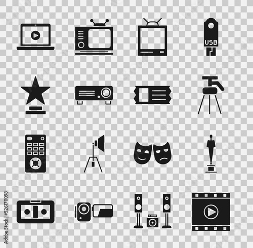 Set Play Video, Movie trophy, Tripod, Retro tv, Movie, film, media projector, Online play video and Cinema ticket icon. Vector