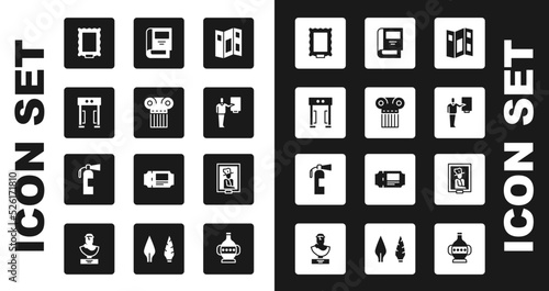 Set Museum guide brochure, Ancient column, Metal detector, Picture, History book, Portrait in museum and Fire extinguisher icon. Vector