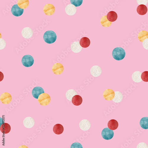 Watercolor confetti seamless pattern on pink background. Christmas background