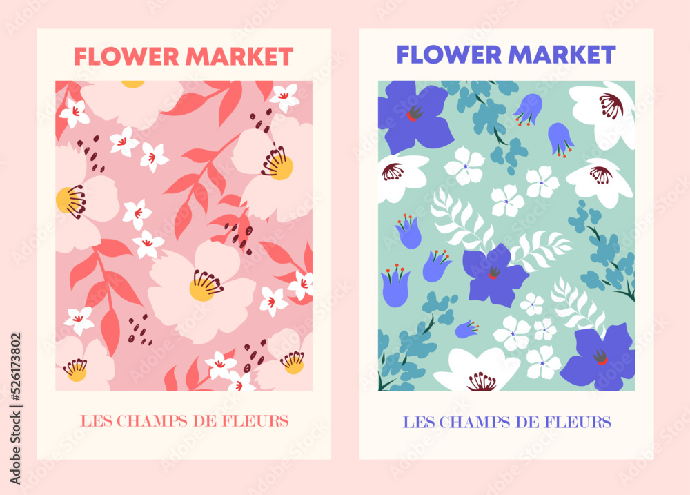 Floral illustration of tropical flowers. Flower market poster concept template perfect for postcards, wall art, banner etc.	