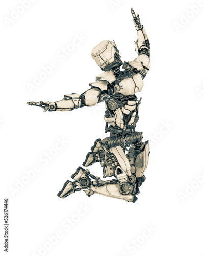 mega robot is happy and jumping in white background