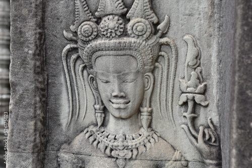 Rare Smiling Woman with Teeth Relief Carving Closeup in Angkor Wat  Siem Reap  Cambodia