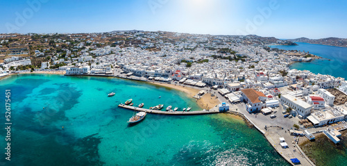 Photos Panoramic aerial view of the city and old harbor of Mykonos island, Cyclades, Gr