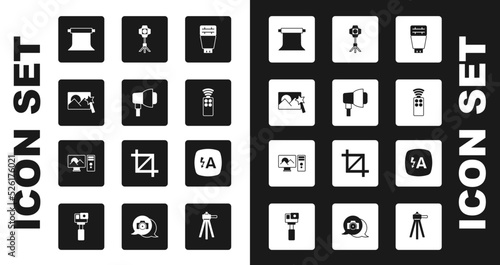 Set Photo camera flash, Softbox light, retouching, Empty photo studio, Remote control for, Auto and icon. Vector