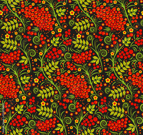 Vector seamless pattern in traditional russian style. Seamless pattern background with rowanberry for fabrics, wallpaper, interior, wall-coverings.